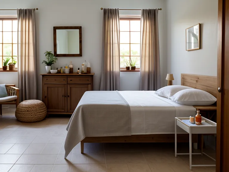 Mesa auxiliar en cabina de estética con protector solar y decoración norteña