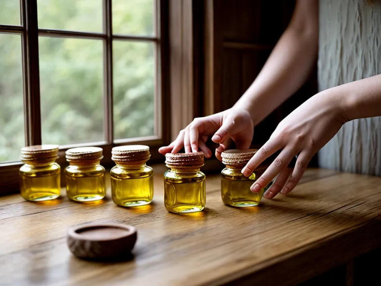 Manos de estetista organizando productos de cuidado corporal en repisa de madera.