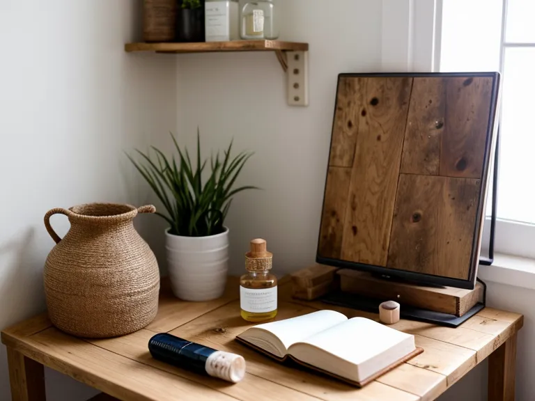 Estante con productos estéticos profesionales y decoración rústica en cabina pequeña