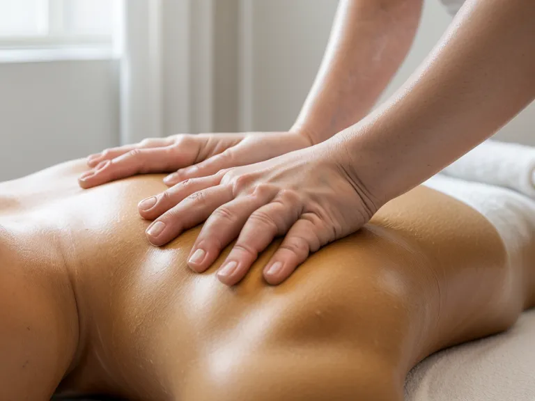 Manos de estetista realizando drenaje linfático manual en el abdomen.