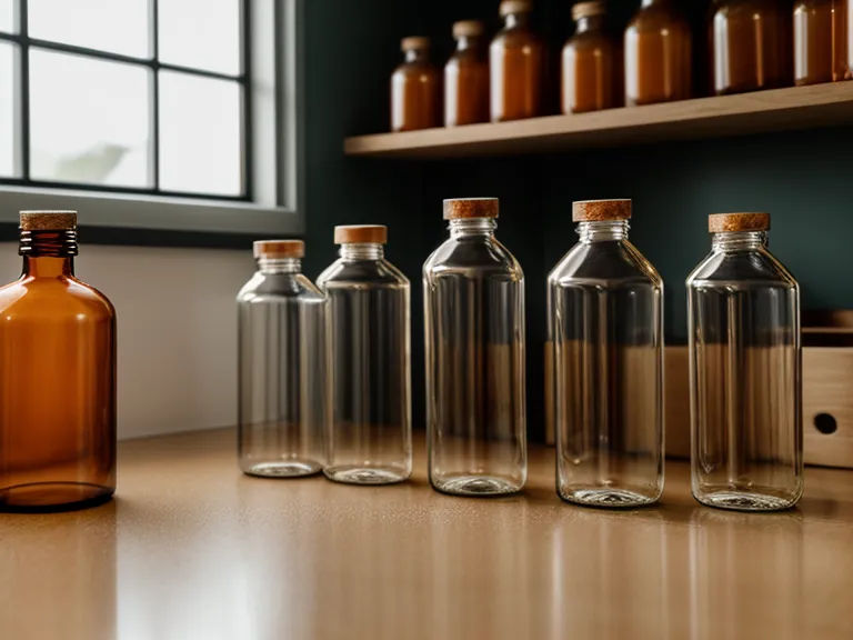 Botellas de peelings químicos profesionales en una repisa de madera